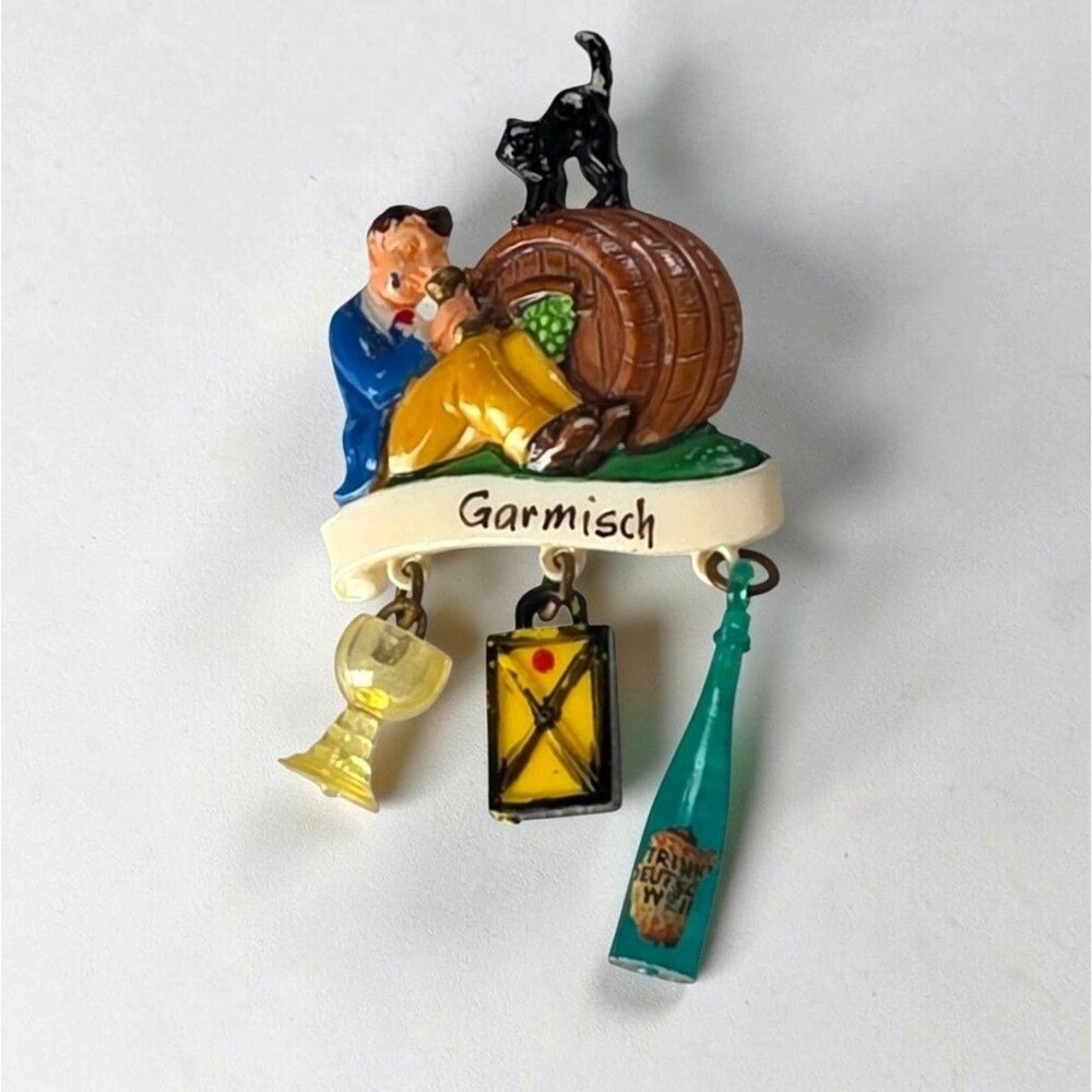 Vintage Garmisch Germany Souvenir Pin Charms Bavarian Cat Wine Beer Celluloid